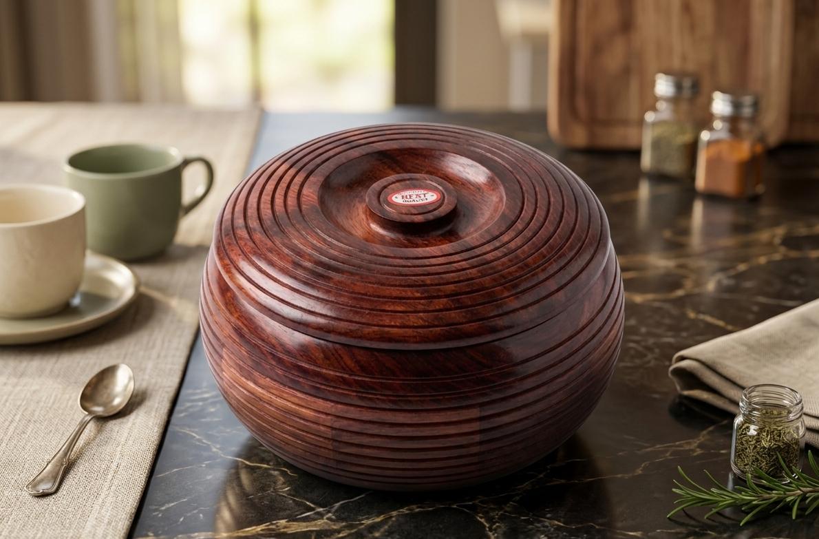 WhatsApp Image 2026-05-04 at 2.47.15 PM(1) Handcrafted Round Ribbed Wooden Roti Box / Casserole - Image 1